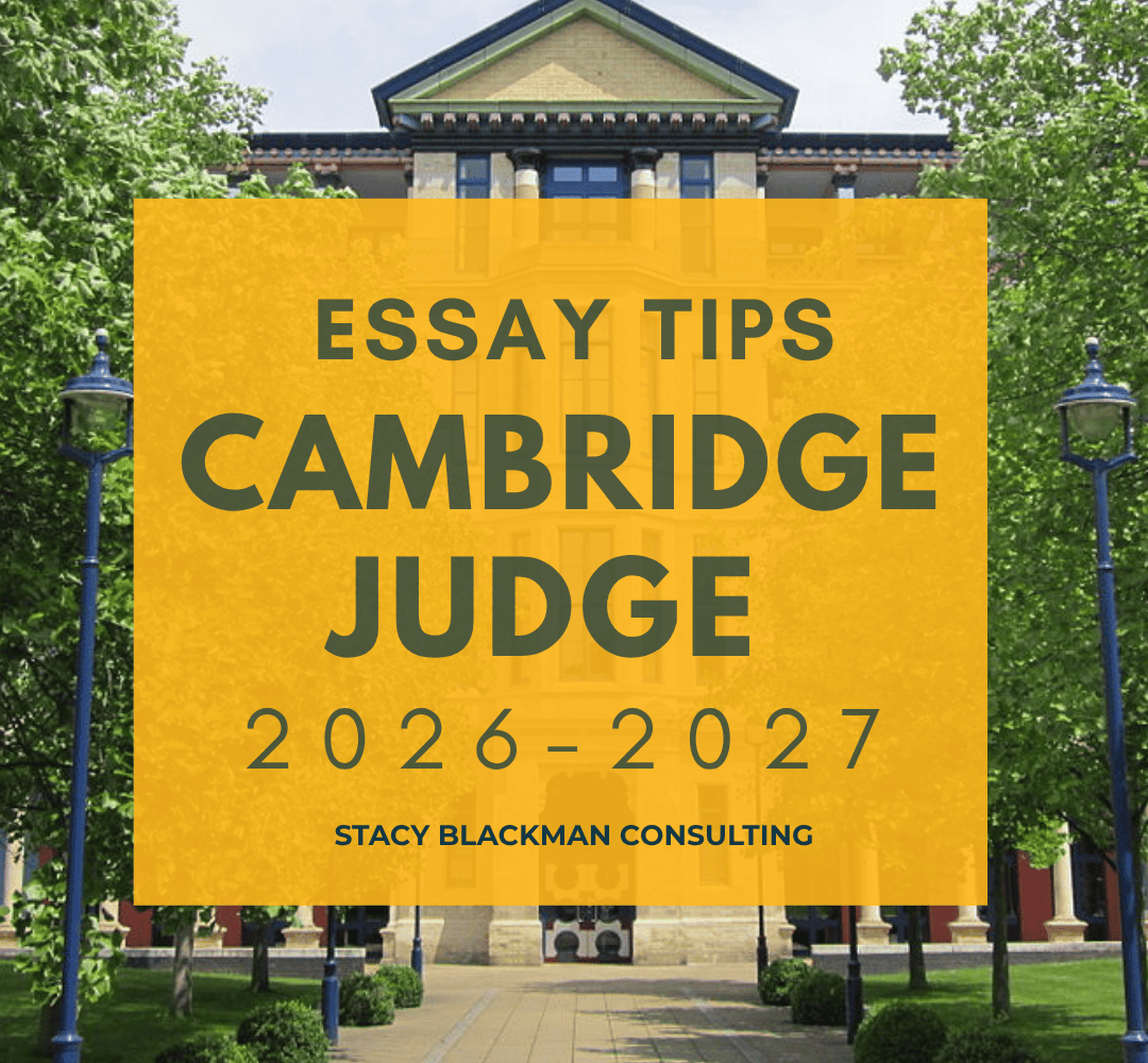 Cambridge MBA Essay Tips graphic with campus background and bold overlay text.