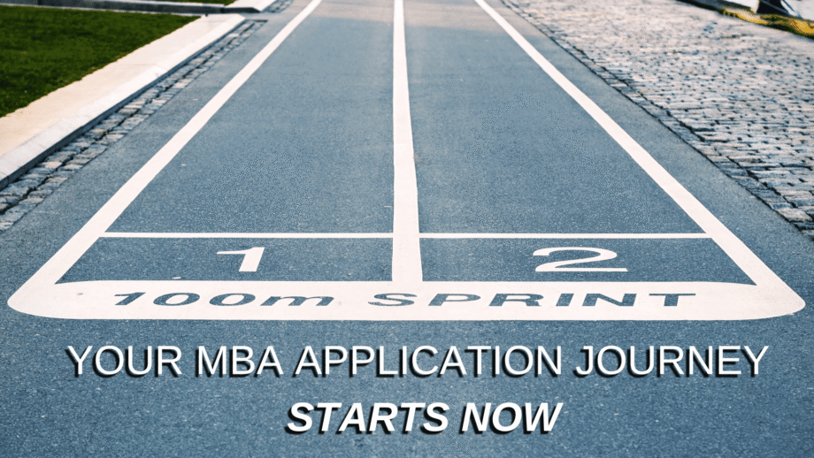 Running track lanes labeled 1 and 2 representing the MBA admissions season Round 1 sprint.