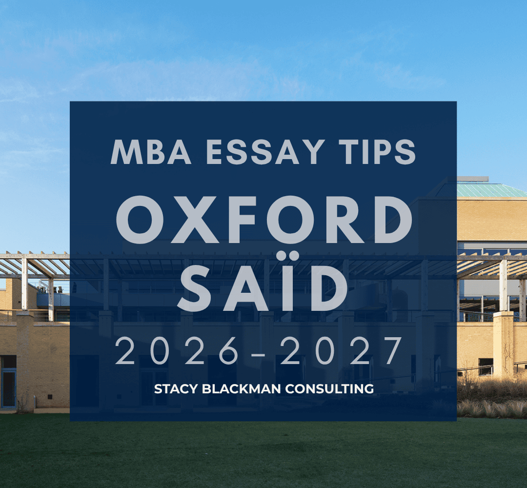 Oxford MBA Application essay tips graphic with campus background and bold overlay text.