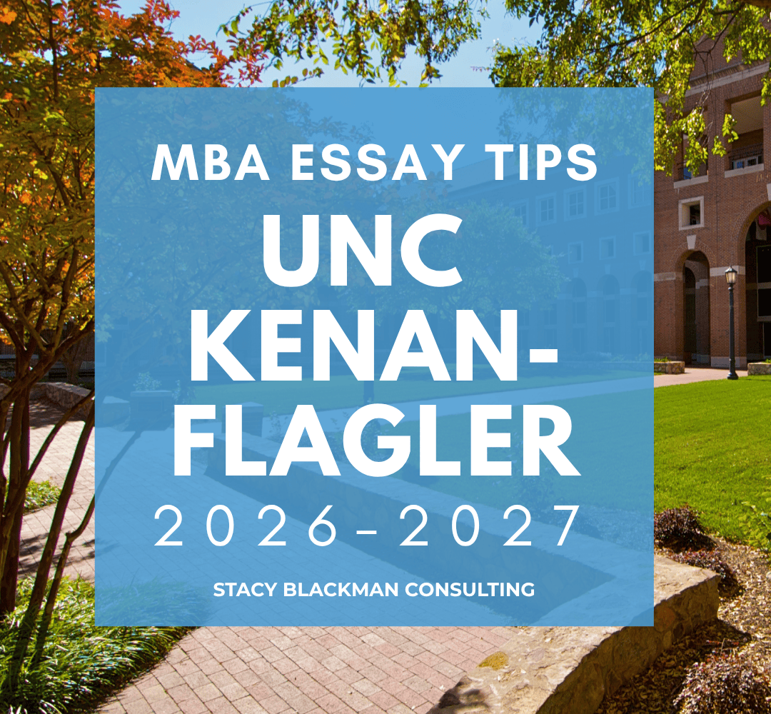 Kenan-Flagler application essay tips graphic with campus background and bold overlay text.