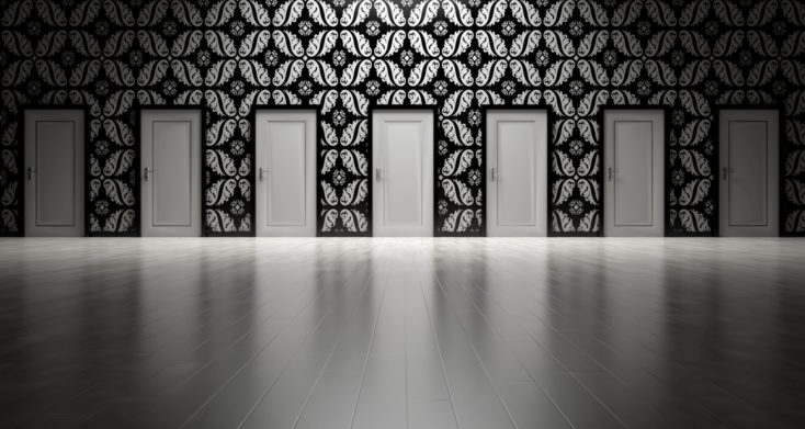 Series of closed doors symbolizing different MBA program choices for reapplicants.